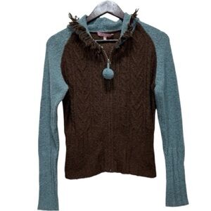 Easel Colorblock Cable Knit Zip Hoodie Sweater M Brown Blue Pom Pom Hood